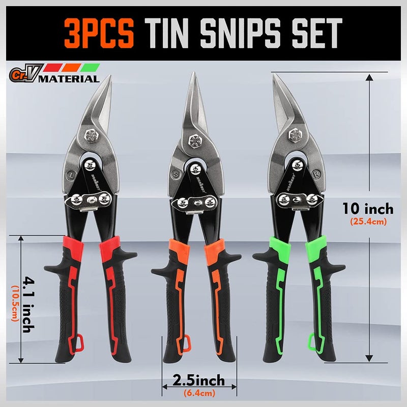 HORUSDY 3 Pack Aviation Tin Snips Set  10 Inch Metal Straight Cut  Left Cut  Right Cut for Cut Sheet Metal  Chrome Vanadium Steel - Image 3